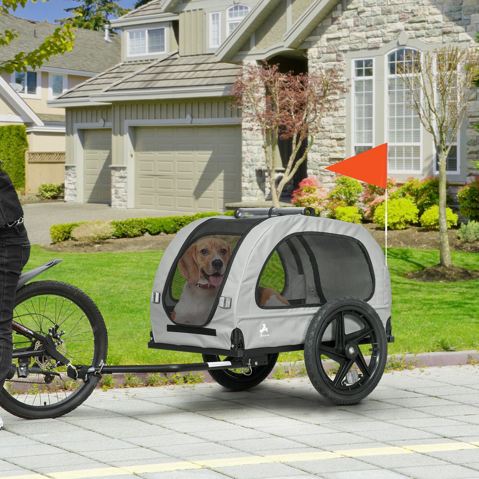 Aosom Dog Bike Trailer with Mesh Windows, Safety Leash, Safety Flag, Front/Rear Doors, for Medium Dogs Travel, Light Grey