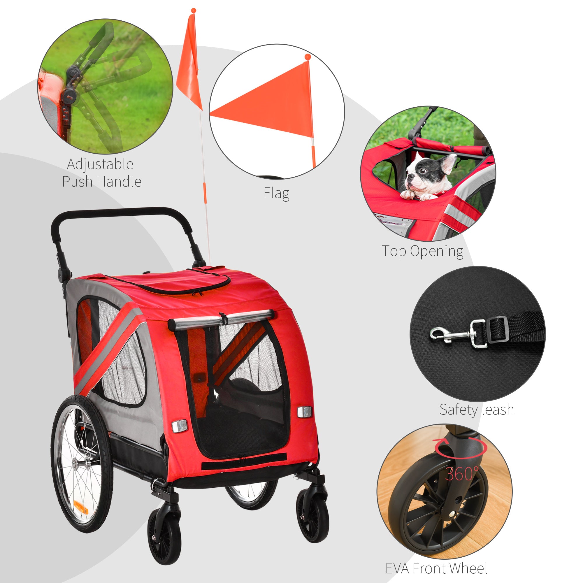 Aosom Dog Bike Trailer, 2-in-1 Dog Wagon Pet Stroller for Travel with Universal Wheel Reflectors Flag, for Small and Medium Dogs, Red