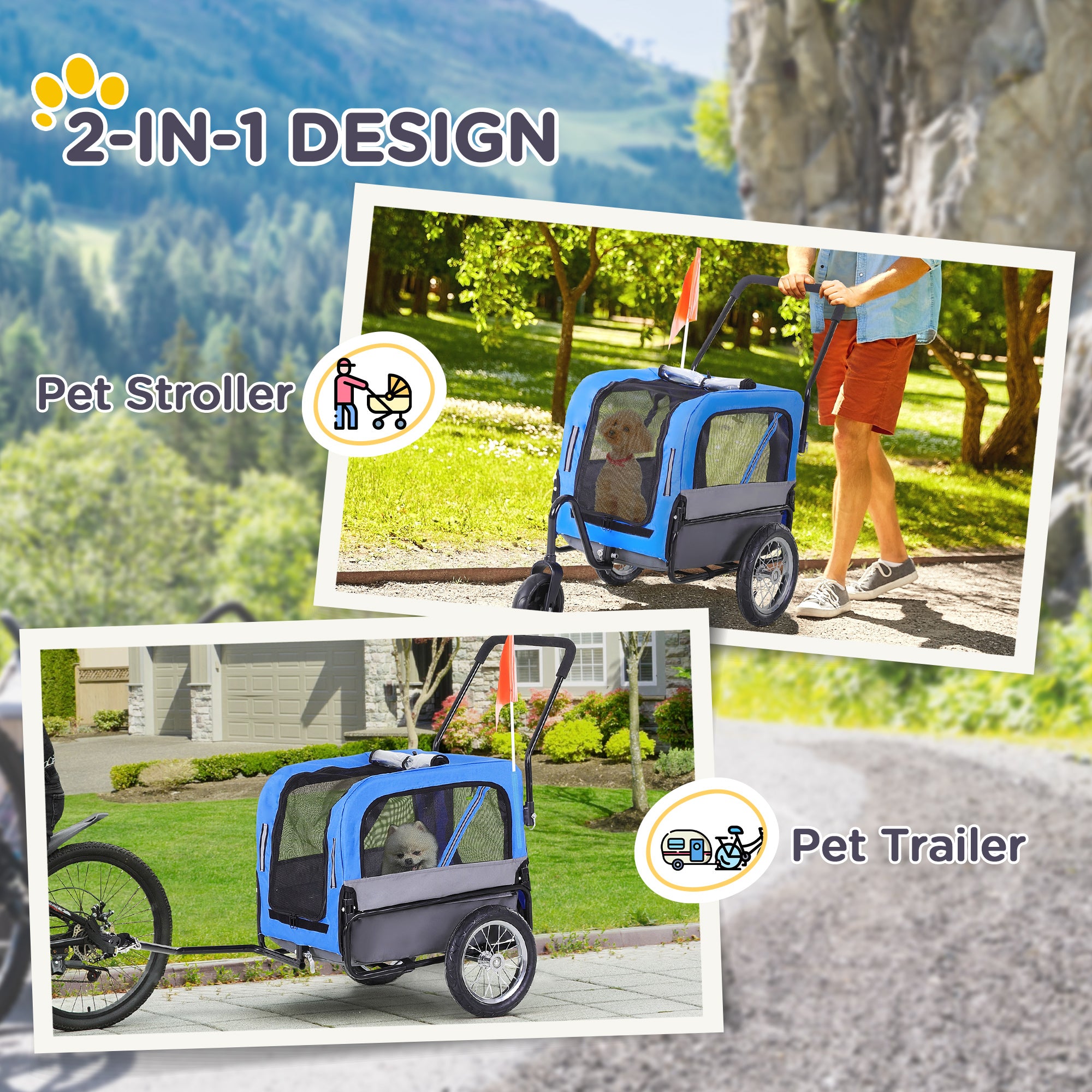 Aosom Dog Bike Trailer 2-In-1 Pet Stroller Cart Bicycle Wagon Cargo Carrier Attachment for Travel with 360 Swivel Wheel, Hitch, Suspension, Safety Flag, Blue