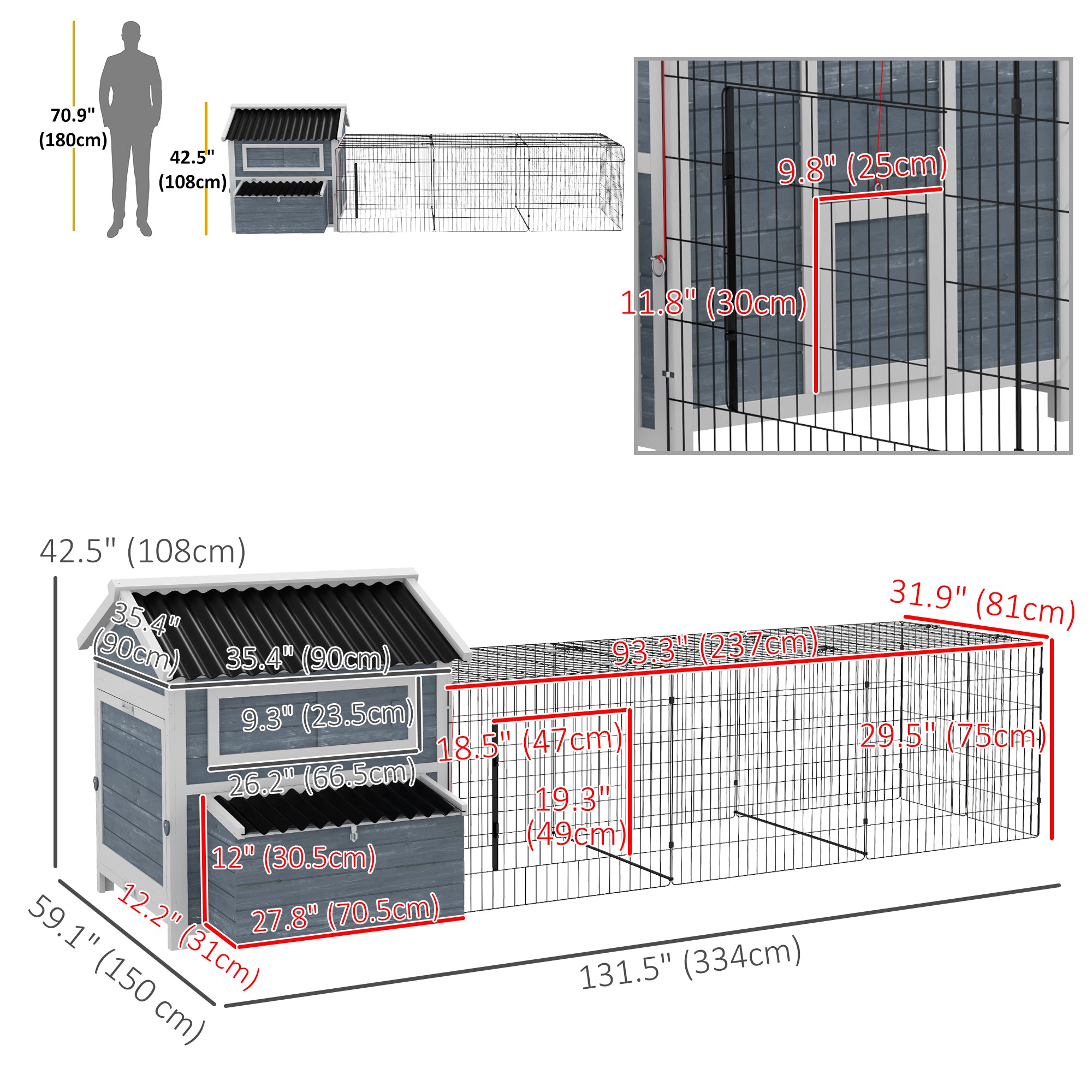 PawHut 11' x 5' x 3.5' Chicken Coop Wooden with Run, Nesting Boxes Slide-out Tray, Perches for 2-4 Chickens, Dark Grey