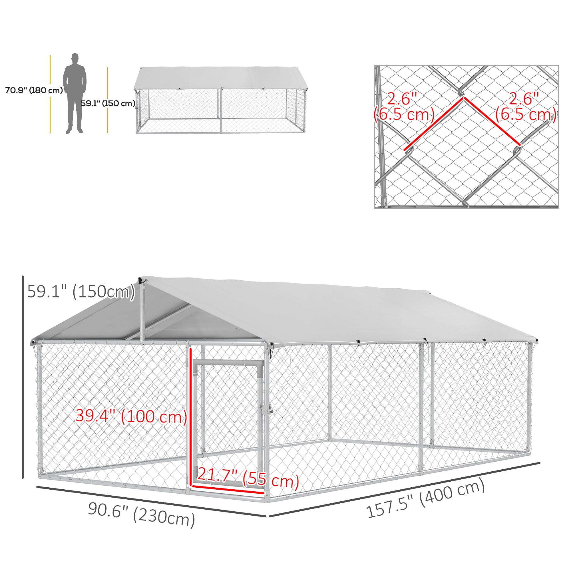 PawHut 13.1' x 7.5' x 4.9' Outdoor Dog Kennel Dog Run with Waterproof, UV Resistant Cover for Medium Large Sized Dogs, Silver