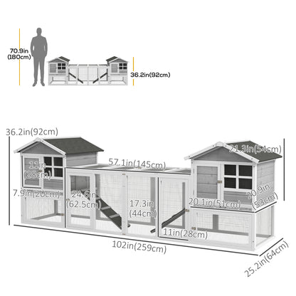 PawHut 102" 2 in 1 Wooden Rabbit Hutch Double Main House Pet Playpen Large Bunny House Enclosure for Indoor Outdoor with Run Box, Slide-out Tray, Ramp, for Rabbits and Small Animals, Grey