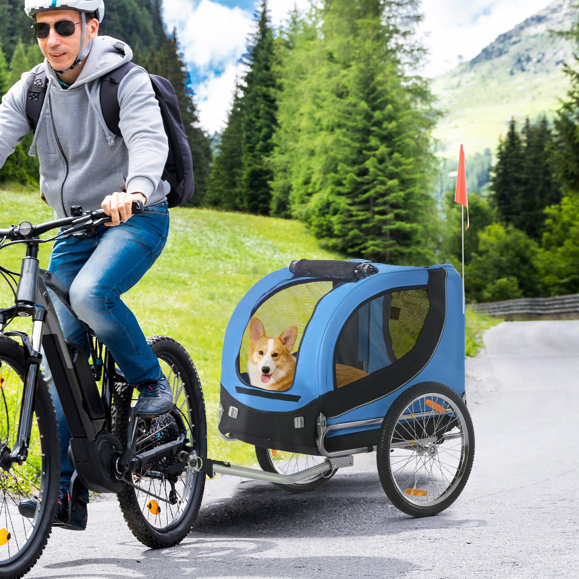 Aosom Dog Bike, Trailer Foldable Pet Cart, Bicycle Wagon, Cargo Carrier Attachment for Travelling w/ Safety Anchor, Blue