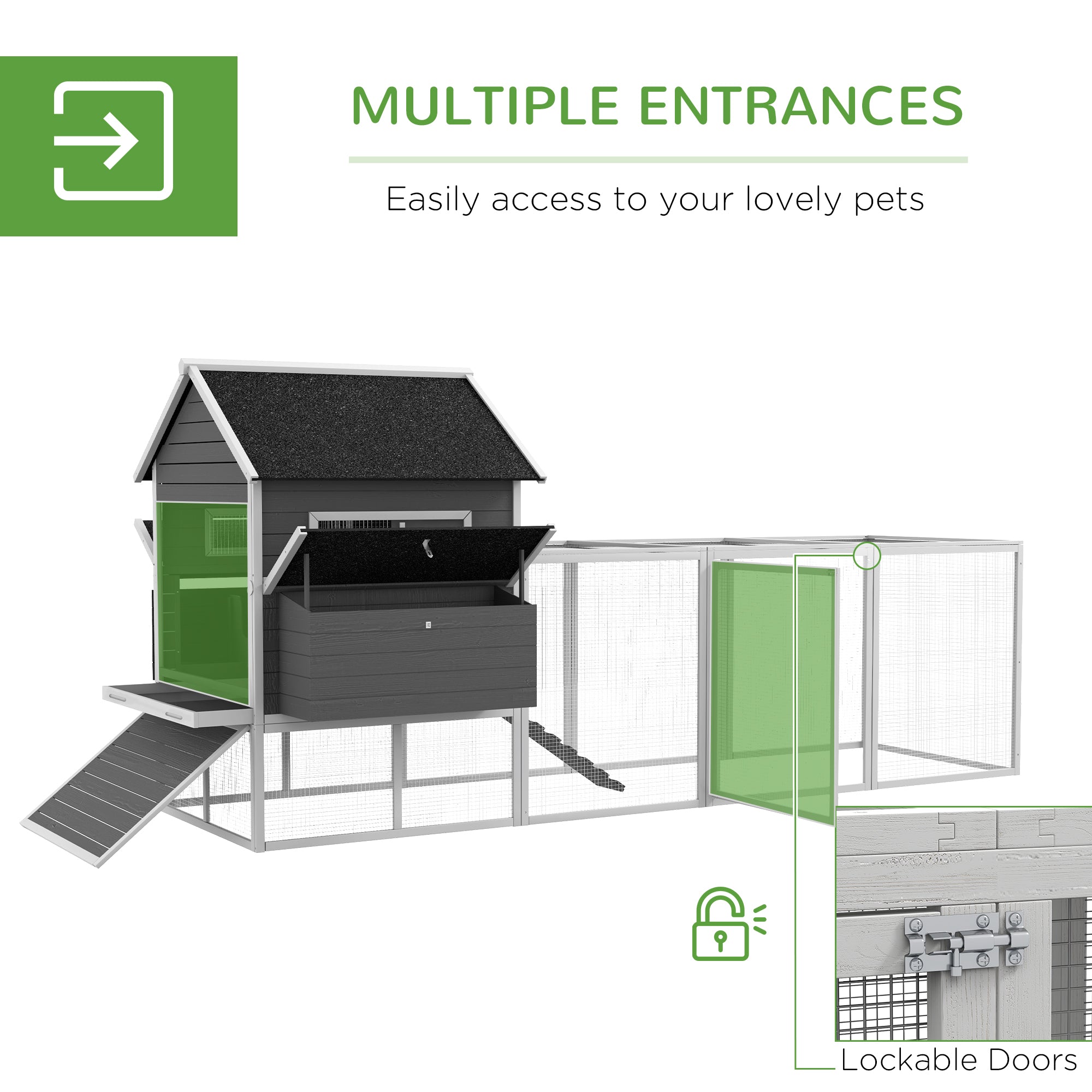 PawHut 137" Wooden Chicken Coop with Chicken Run, Nesting Box, Grey