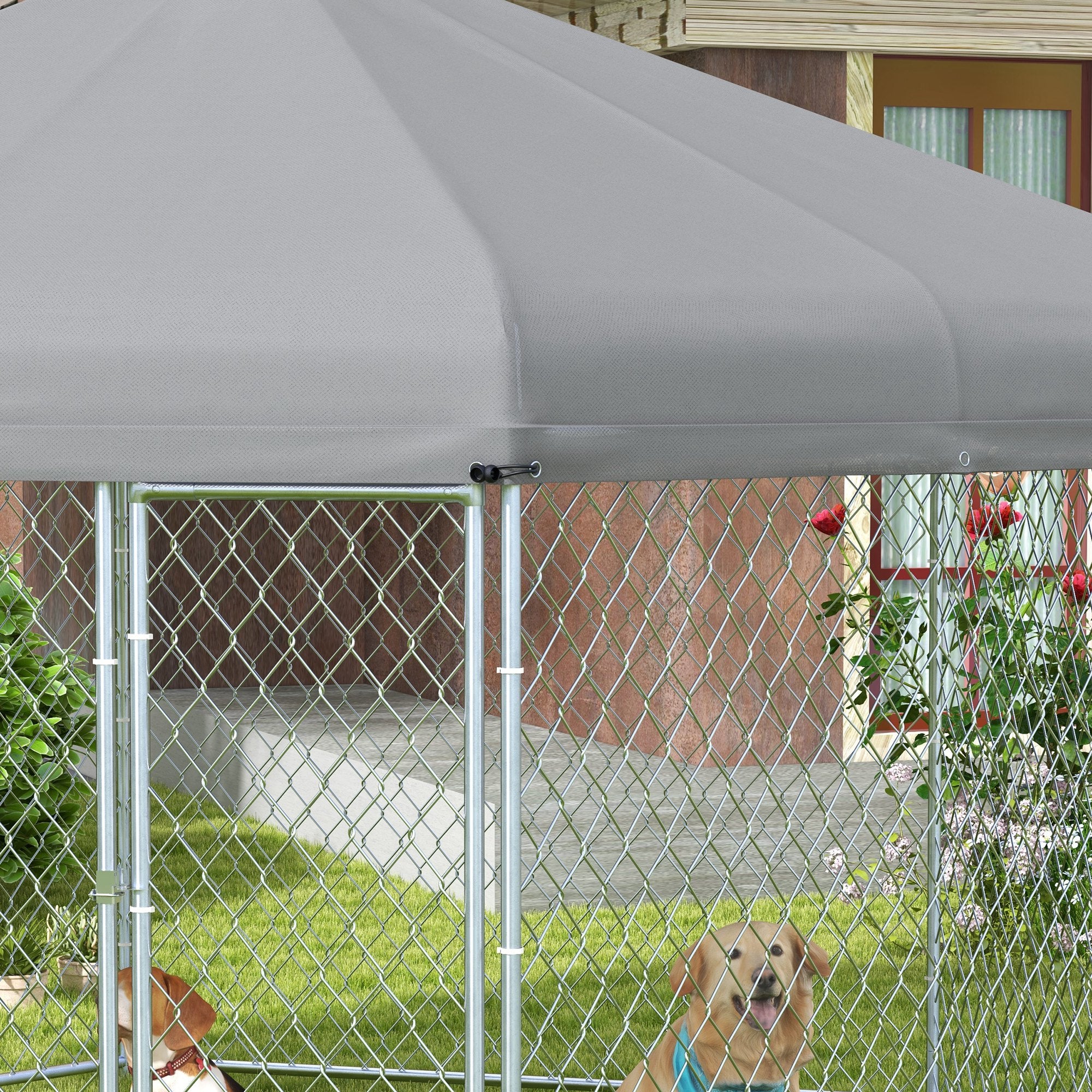 PawHut 13.4' x 11.5' x 8.8' Outdoor Dog Kennel Dog Run with Waterproof, UV Resistant Cover for Medium Large Sized Dogs, Silver