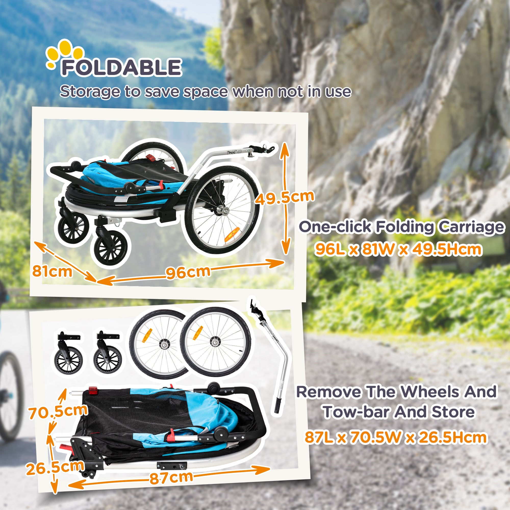 Aosom 2-in-1 Pet Bike Trailer, Dog Stroller, Foldable Carrier with Wheels for Puppies, Cats, Camping, Hiking, Biking, Blue