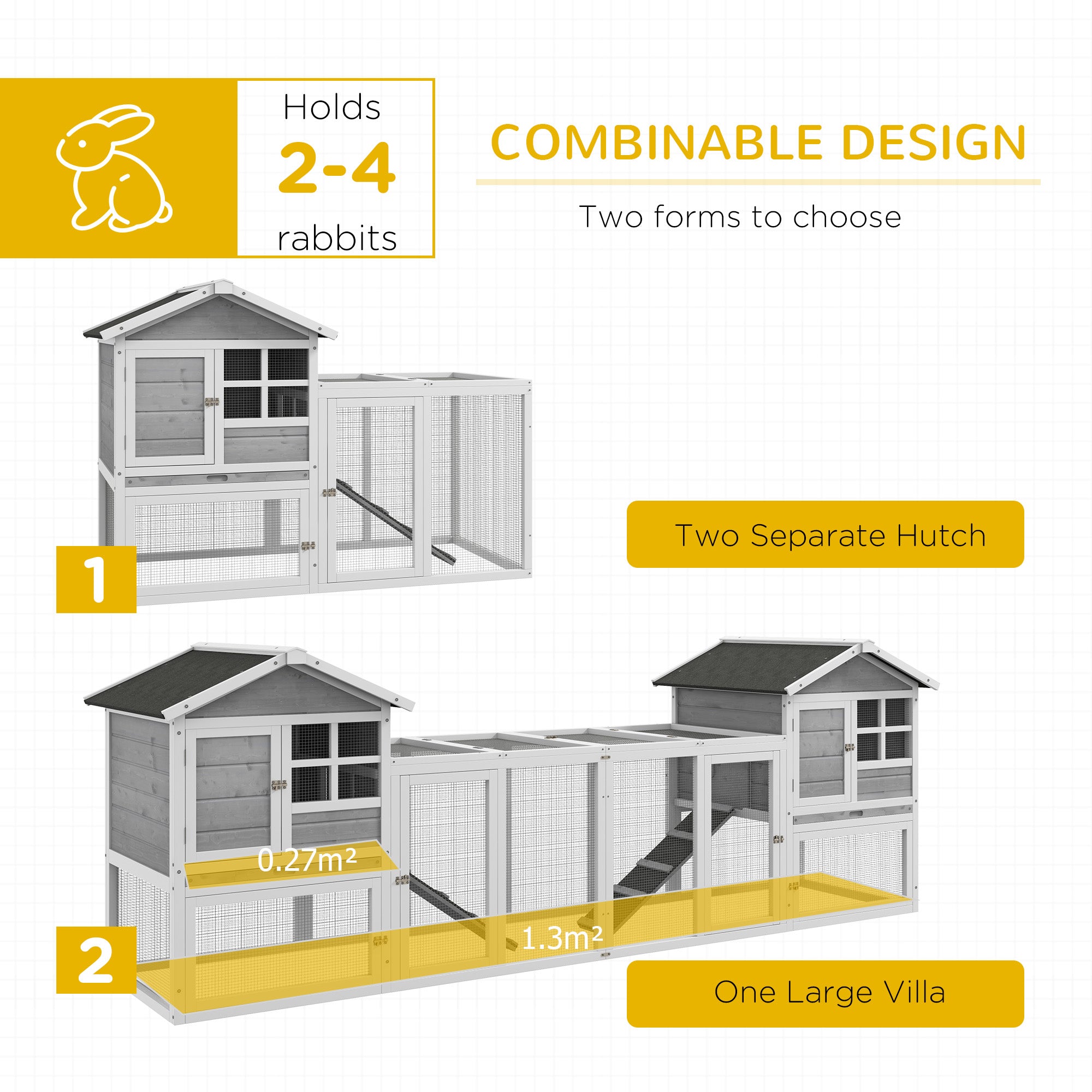 PawHut 102" 2 in 1 Wooden Rabbit Hutch Double Main House Pet Playpen Large Bunny House Enclosure for Indoor Outdoor with Run Box, Slide-out Tray, Ramp, for Rabbits and Small Animals, Grey