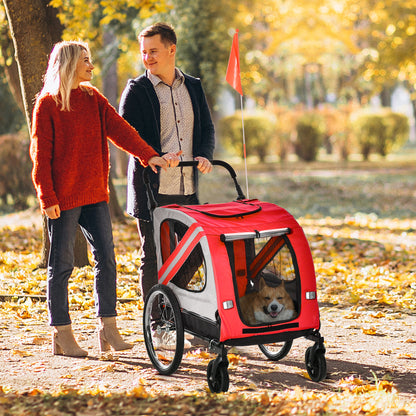 Aosom Dog Bike Trailer, 2-in-1 Dog Wagon Pet Stroller for Travel with Universal Wheel Reflectors Flag, for Small and Medium Dogs, Red