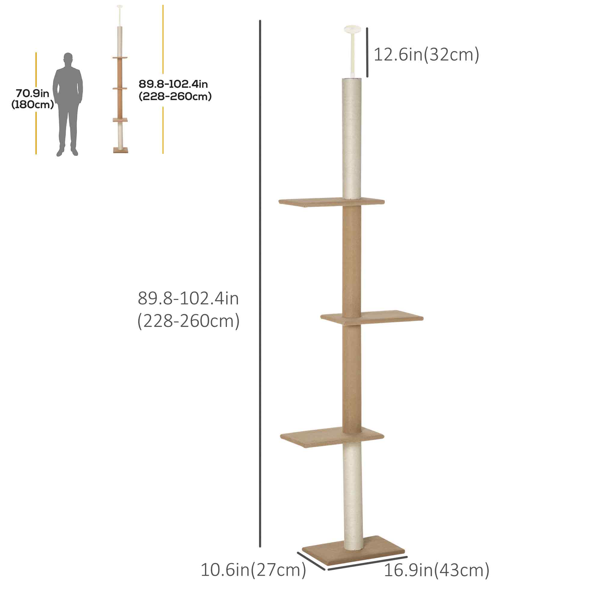 PawHut 100" Floor To Ceiling Cat Tree w/ 3 Perches Activity Center for Kittens Cat Tower Furniture, Brown