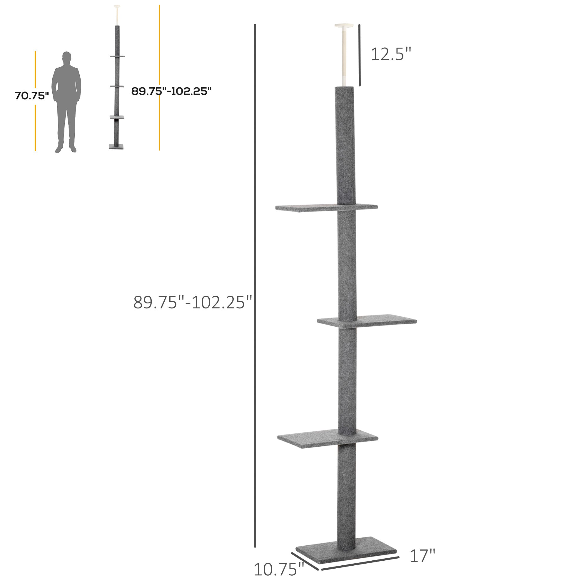 PawHut 100" Floor To Ceiling Cat Tree w/ 3 Perches Activity Center for Kittens Cat Tower Furniture, Grey