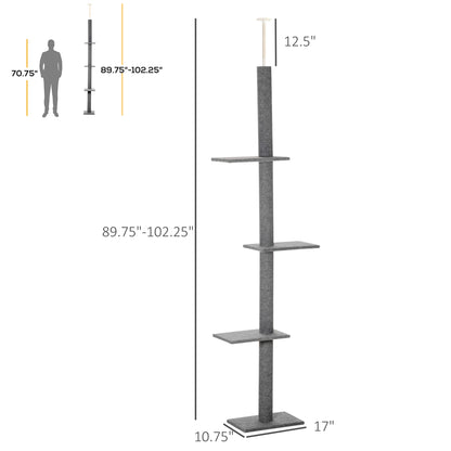 PawHut 100" Floor To Ceiling Cat Tree w/ 3 Perches Activity Center for Kittens Cat Tower Furniture, Grey