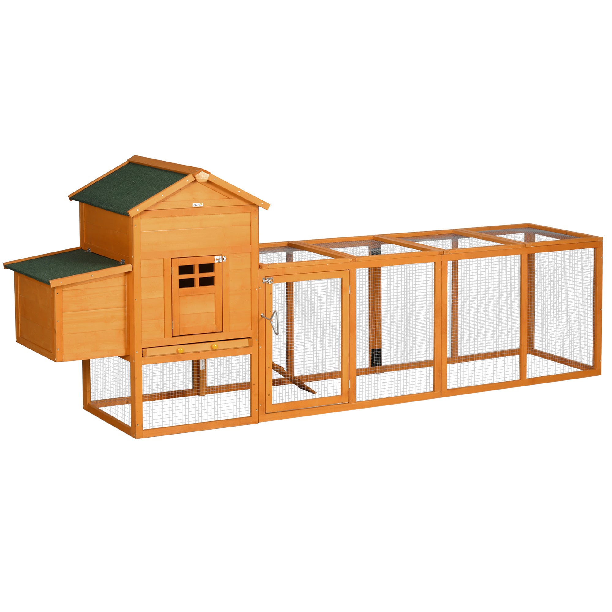 PawHut 117" Extra Large Chicken Coop with Asphalt Roof, Wooden Hen House with Slide-out Tray, Quail Hutch with Nesting Box, Orange