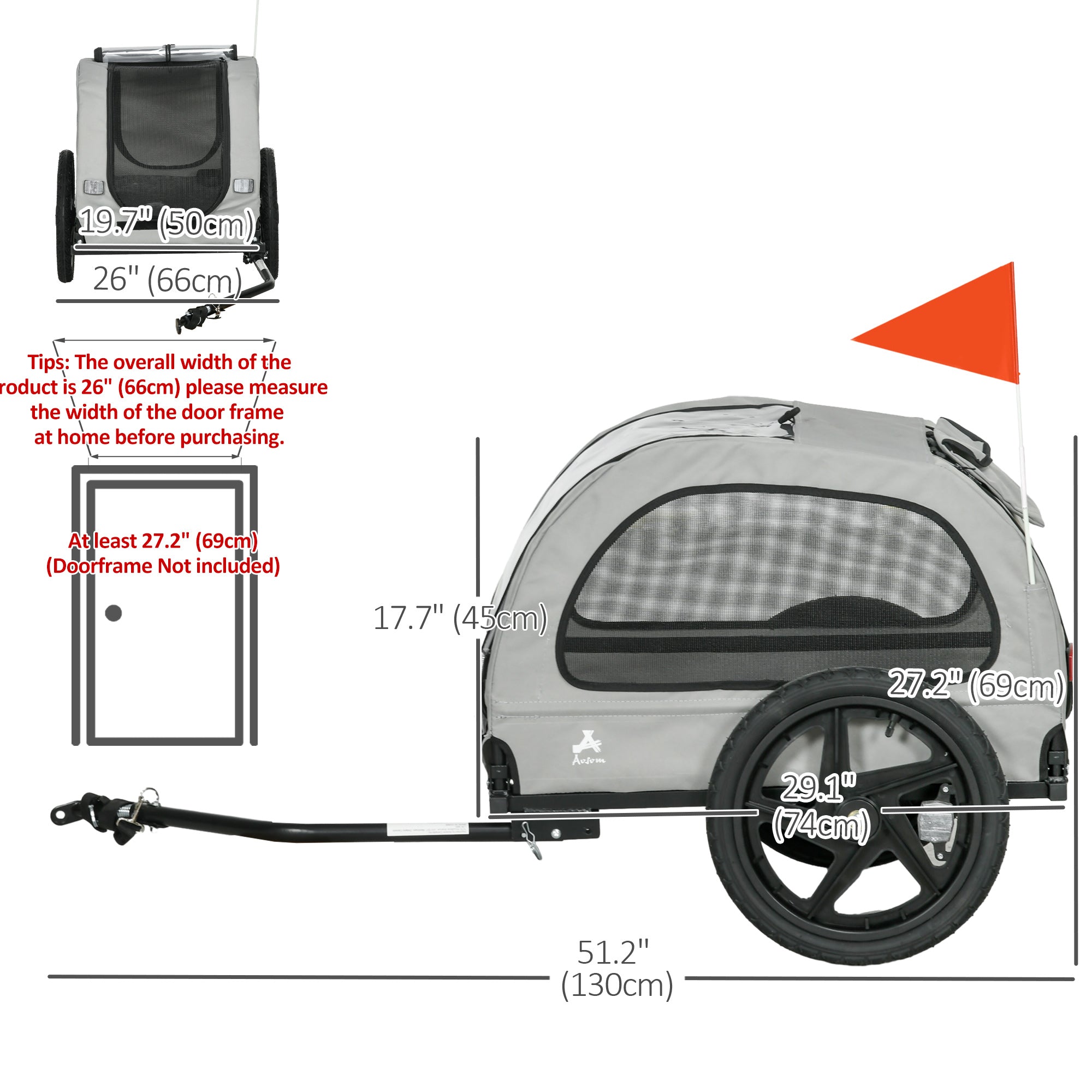 Aosom Dog Bike Trailer with Mesh Windows, Safety Leash, Safety Flag, Front/Rear Doors, for Medium Dogs Travel, Light Grey