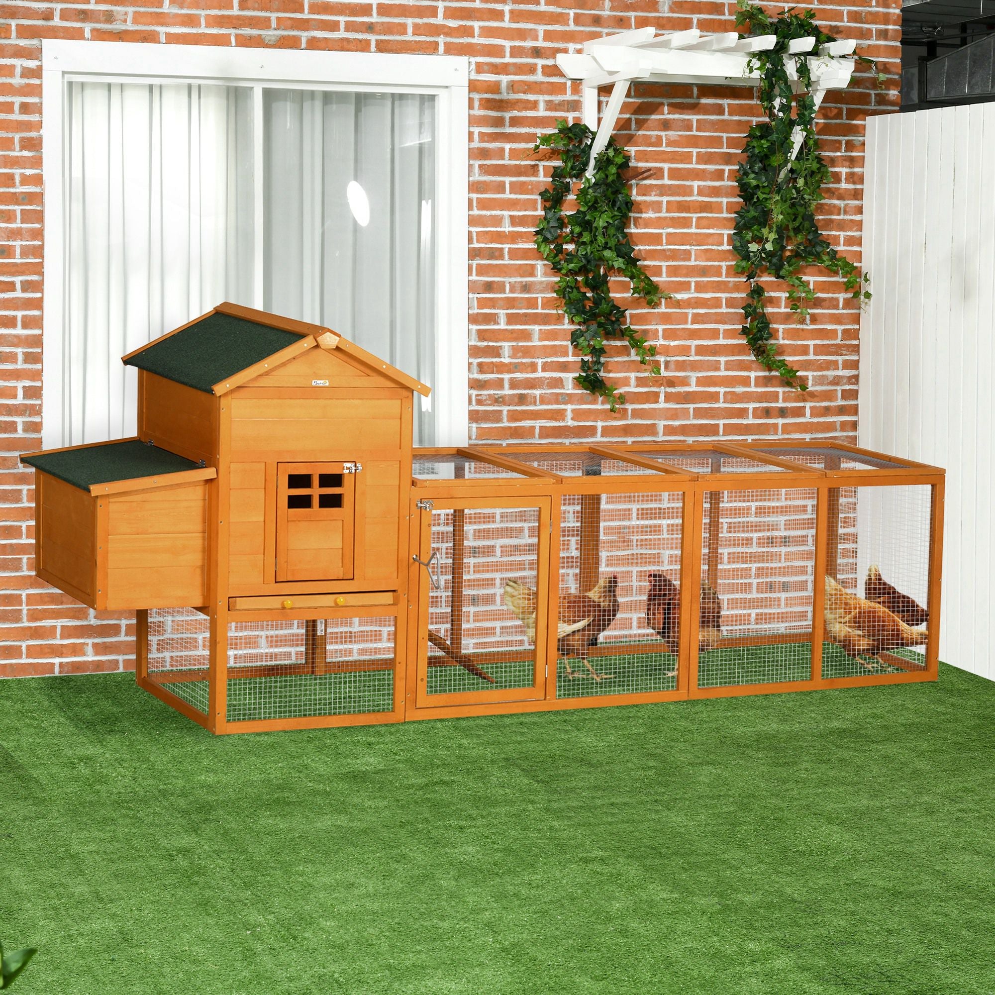 PawHut 117" Extra Large Chicken Coop with Asphalt Roof, Wooden Hen House with Slide-out Tray, Quail Hutch with Nesting Box, Orange