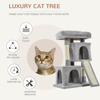 PawHut Plush Cat Tree Tower Activity Center with Sisal Scratching Post Scratching Board Perch Condo, Light Grey