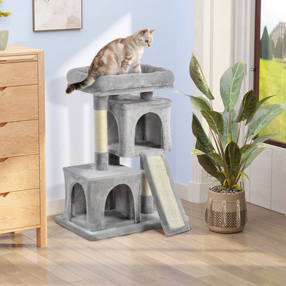 PawHut Plush Cat Tree Tower Activity Center with Sisal Scratching Post Scratching Board Perch Condo, Light Grey