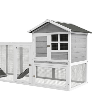 PawHut 102" 2 in 1 Wooden Rabbit Hutch Double Main House Pet Playpen Large Bunny House Enclosure for Indoor Outdoor with Run Box, Slide-out Tray, Ramp, for Rabbits and Small Animals, Grey