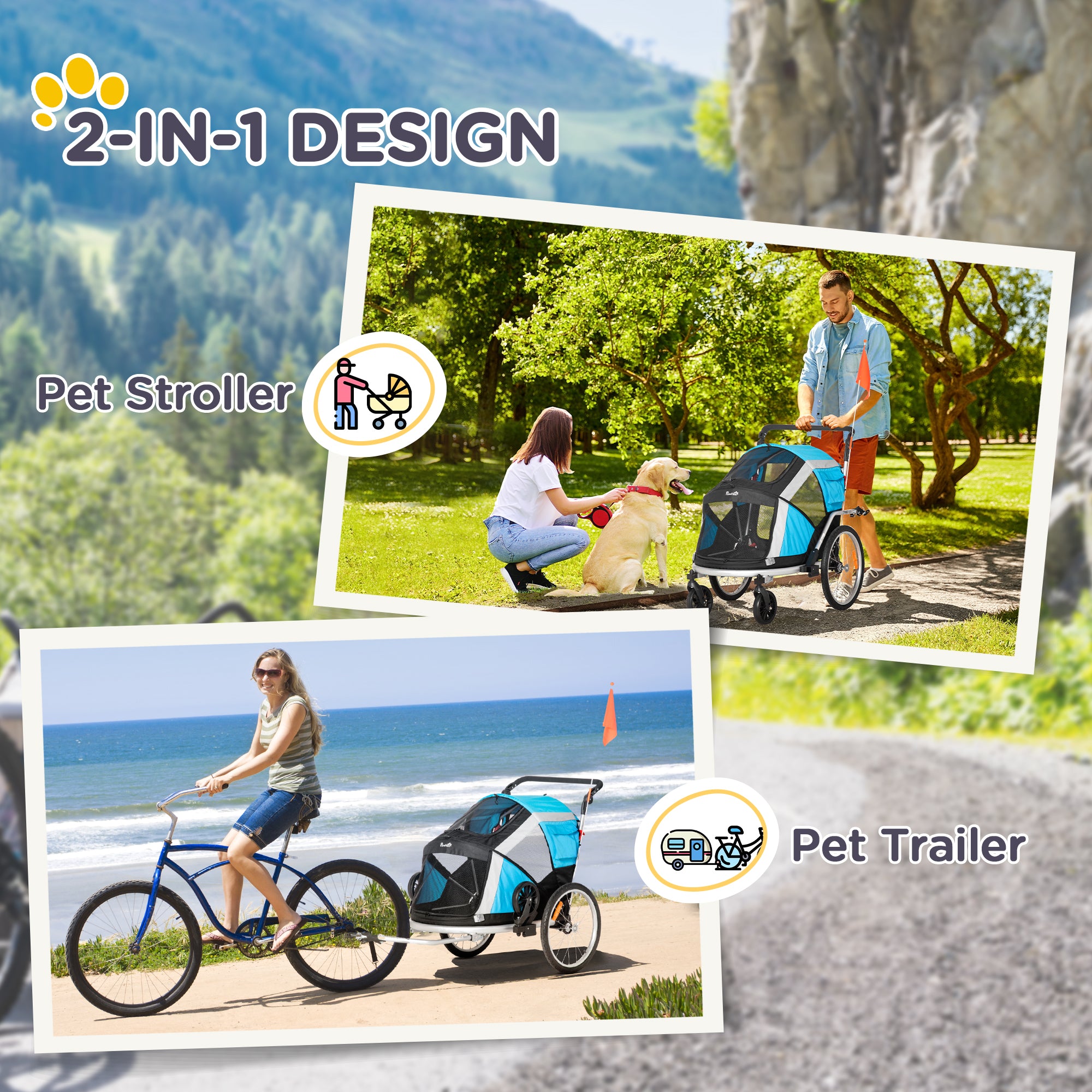 Aosom 2-in-1 Pet Bike Trailer, Dog Stroller, Foldable Carrier with Wheels for Puppies, Cats, Camping, Hiking, Biking, Blue