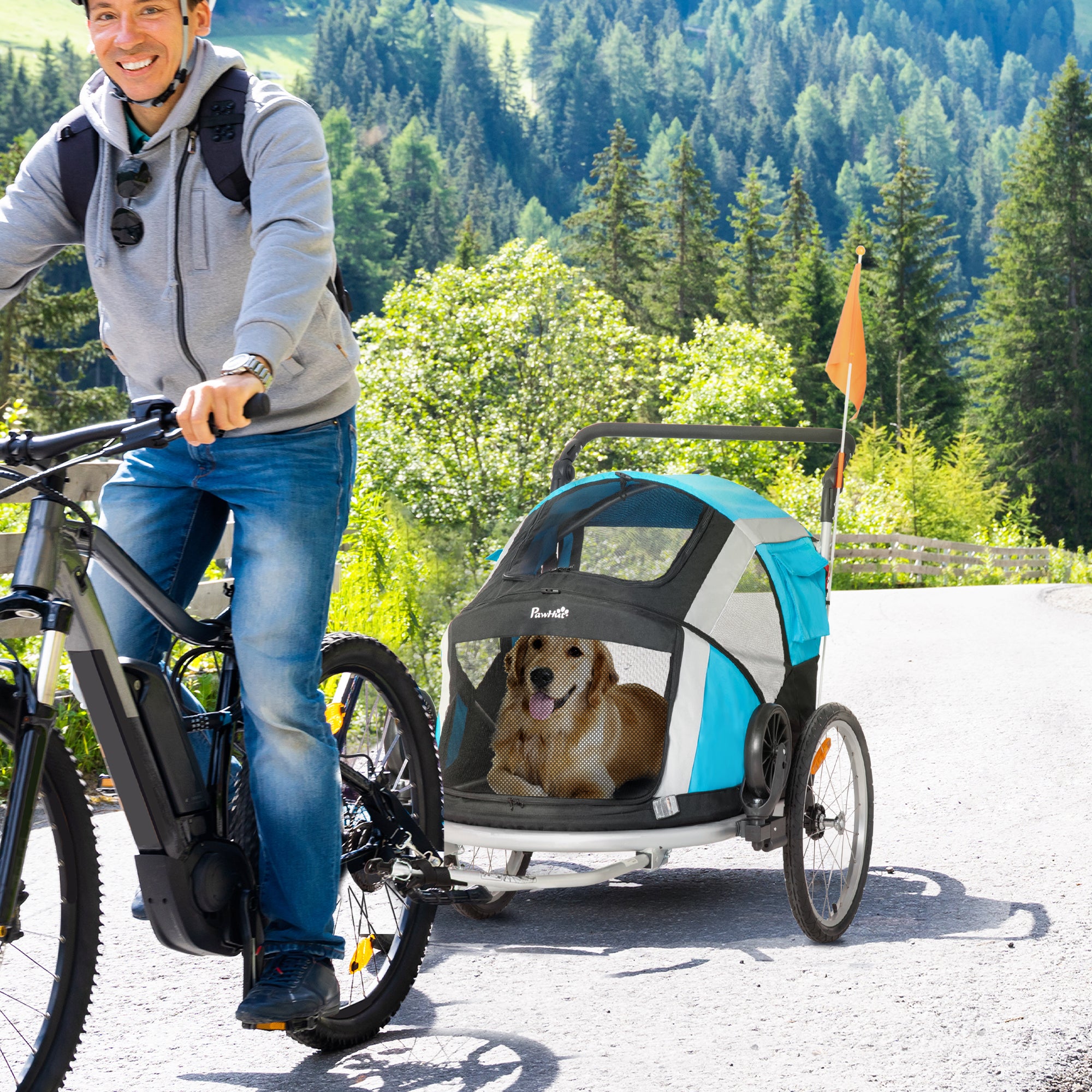 Aosom 2-in-1 Pet Bike Trailer, Dog Stroller, Foldable Carrier with Wheels for Puppies, Cats, Camping, Hiking, Biking, Blue