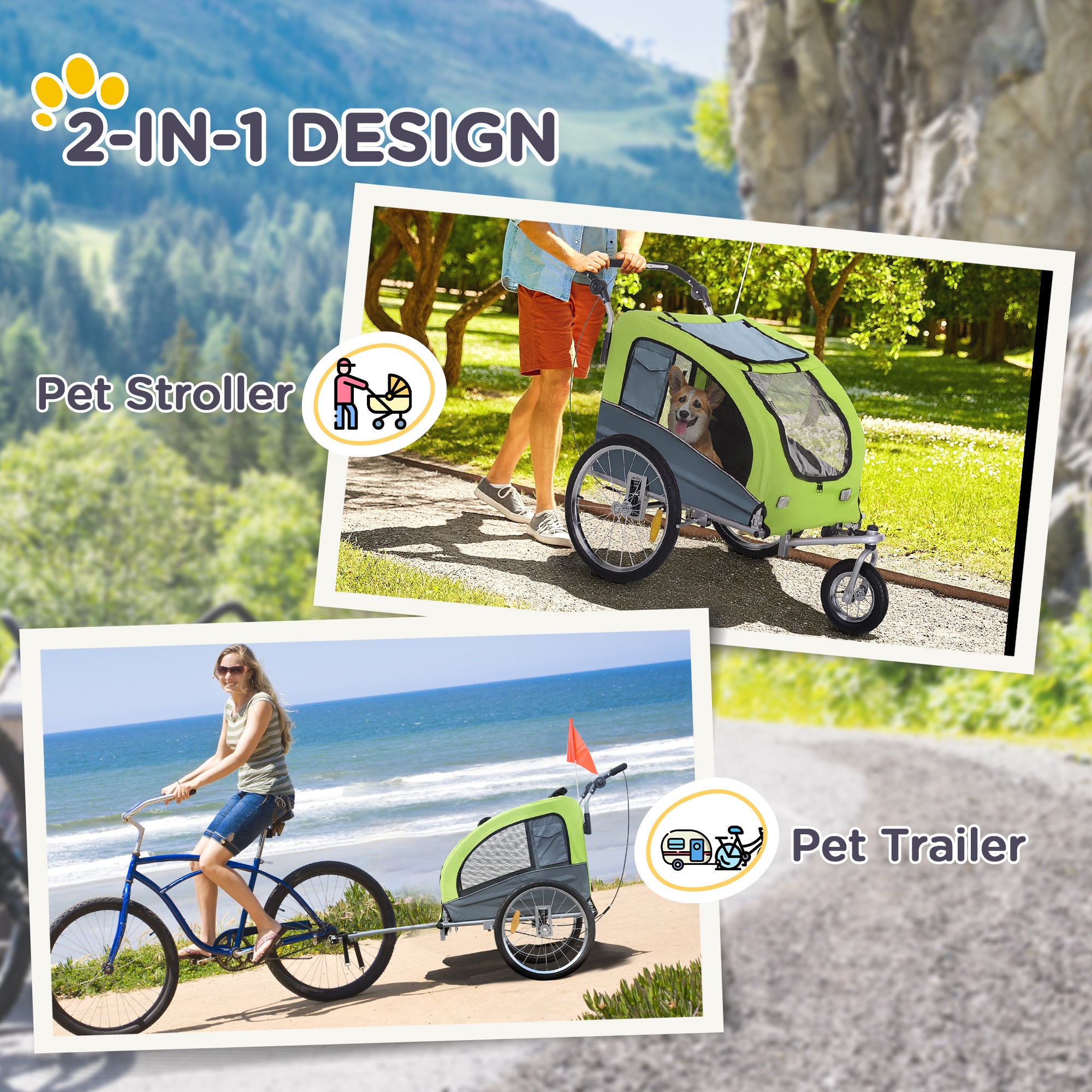 Aosom Dog Bike Trailer 2-In-1 w/ Suspension, Hitch, Storage Pockets, Green