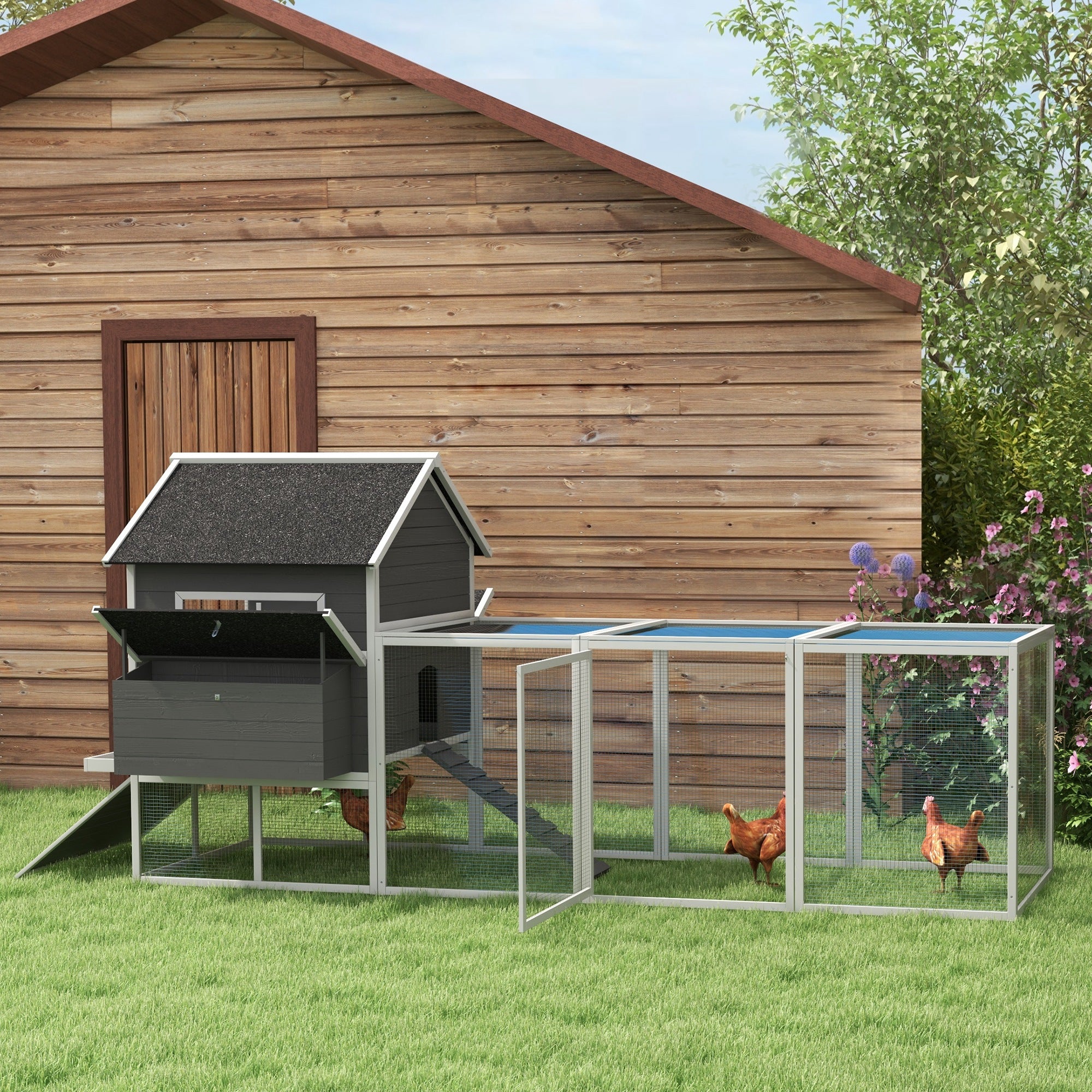 PawHut 137" Wooden Chicken Coop with Chicken Run, Nesting Box, Grey