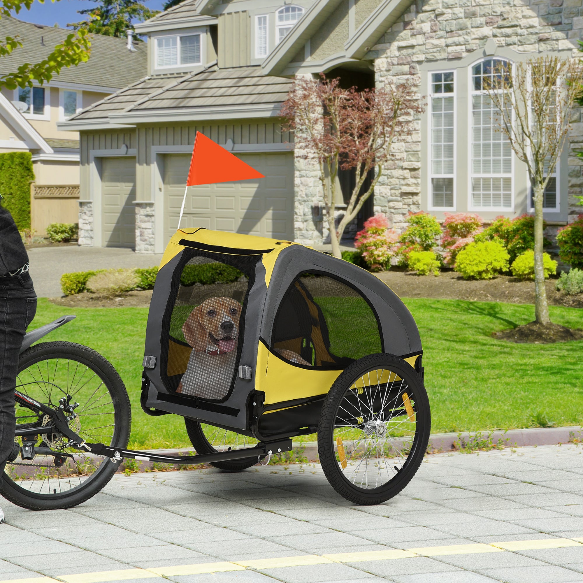 Aosom Dog Bike Trailer with Hitch Coupler, Quick Release Wheels, Reflectors, Flag for Medium Dogs, Yellow