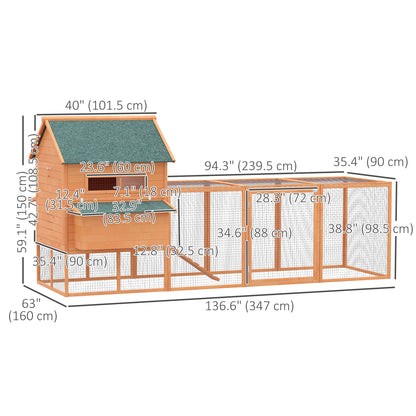 PawHut 137" Chicken Coop Wooden Large Hen House Deluxe Rabbit Hutch Lockable Poultry Cage Backyard with Nesting Box and Run, Orange