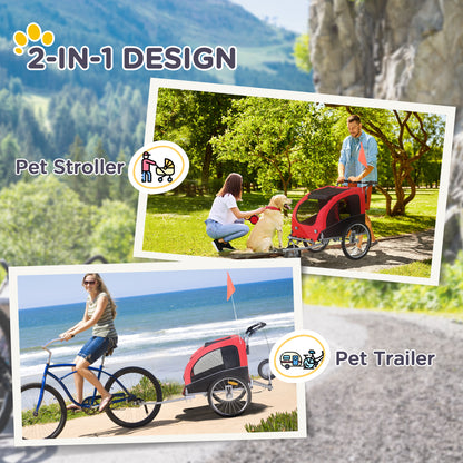 Aosom Elite II Dog Bike Trailer 2-In-1 Pet Stroller Cart Bicycle Wagon Cargo Carrier Attachment for Travel with Suspension and Storage Pockets, Red