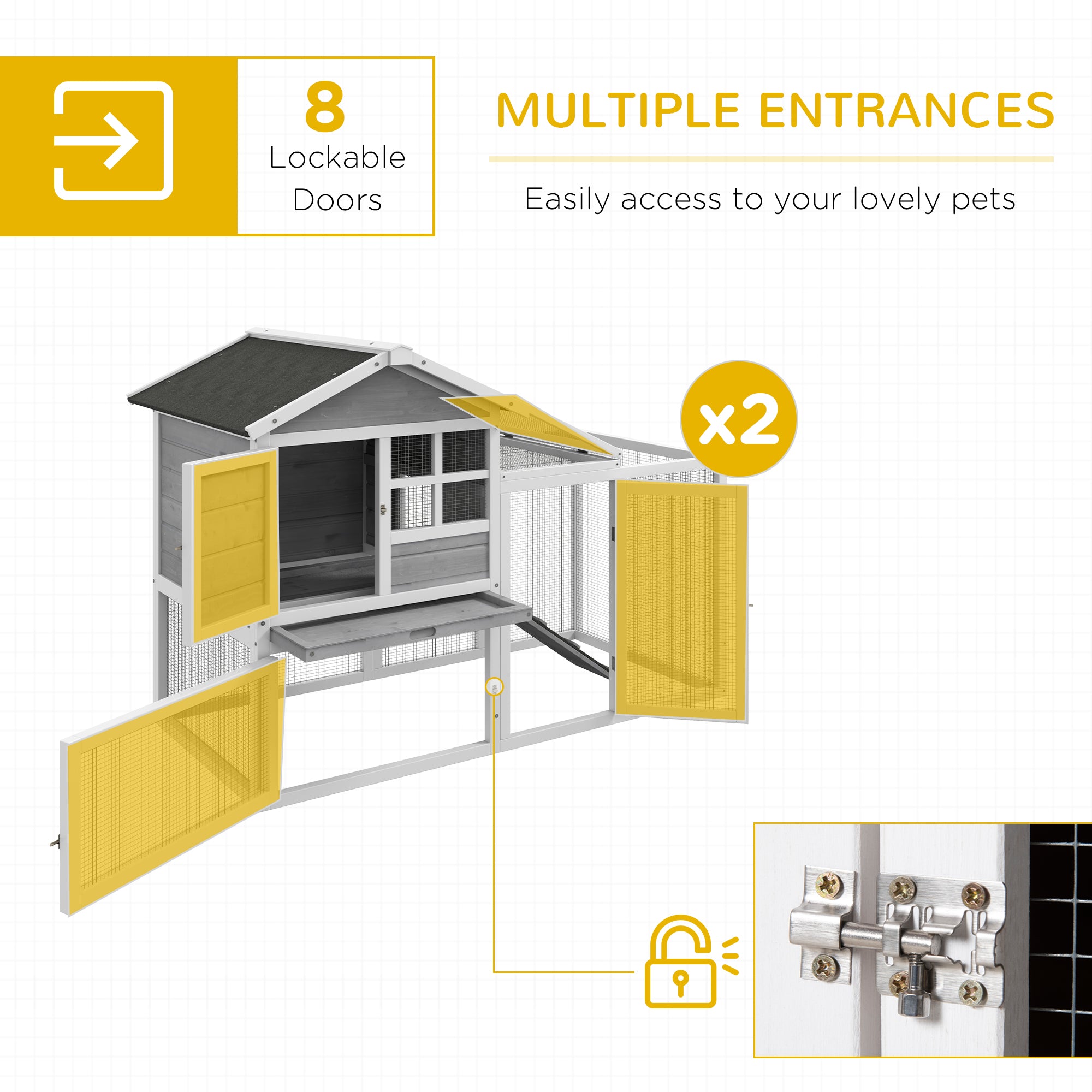 PawHut 102" 2 in 1 Wooden Rabbit Hutch Double Main House Pet Playpen Large Bunny House Enclosure for Indoor Outdoor with Run Box, Slide-out Tray, Ramp, for Rabbits and Small Animals, Grey