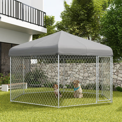 PawHut 13.4' x 11.5' x 8.8' Outdoor Dog Kennel Dog Run with Waterproof, UV Resistant Cover for Medium Large Sized Dogs, Silver