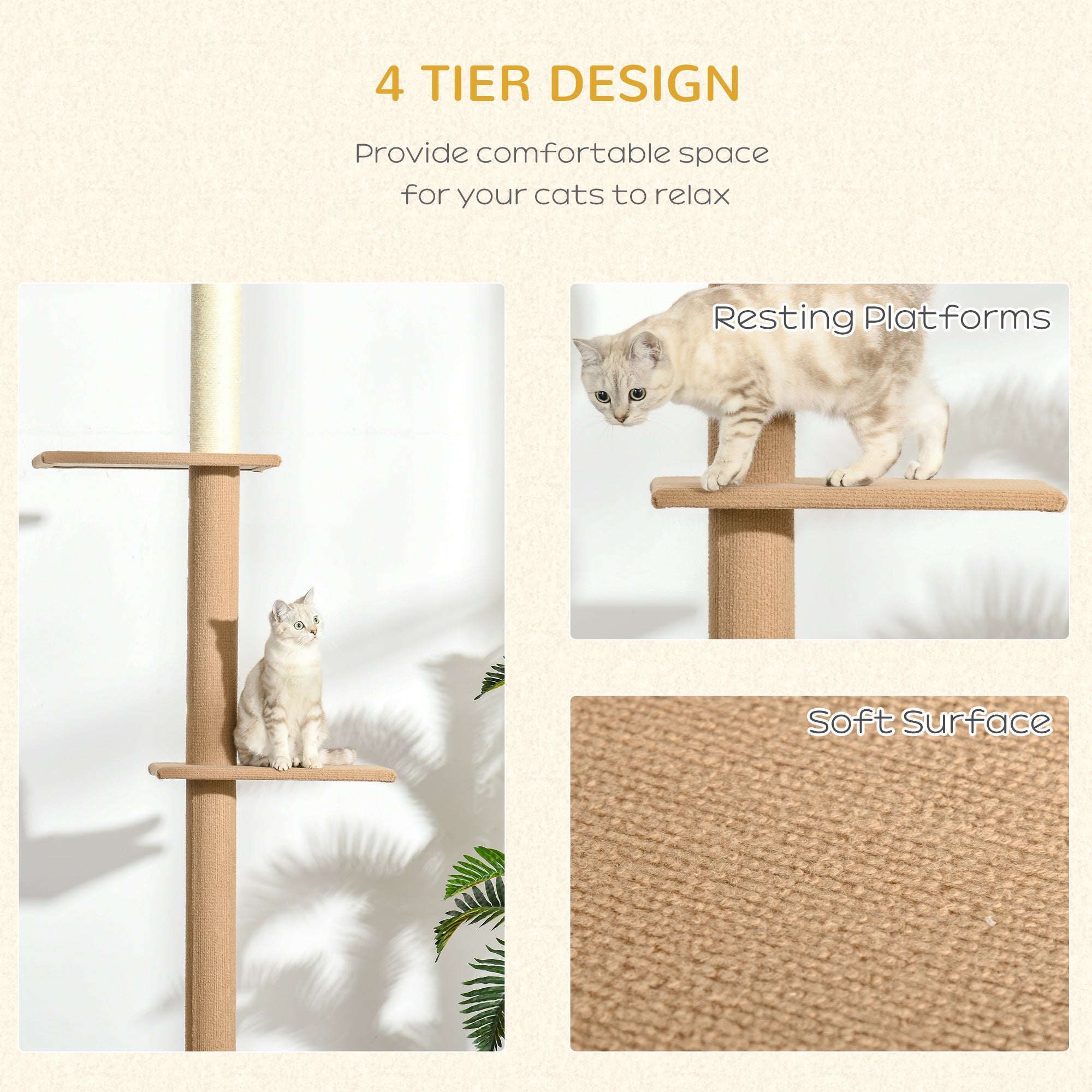 PawHut 100" Floor To Ceiling Cat Tree w/ 3 Perches Activity Center for Kittens Cat Tower Furniture, Brown