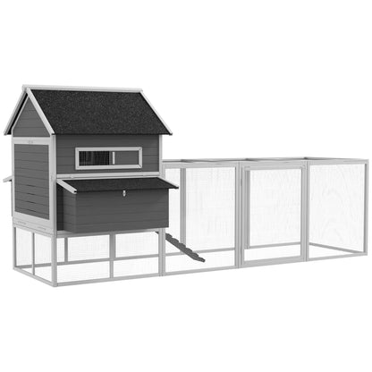 PawHut 137" Wooden Chicken Coop with Chicken Run, Nesting Box, Grey