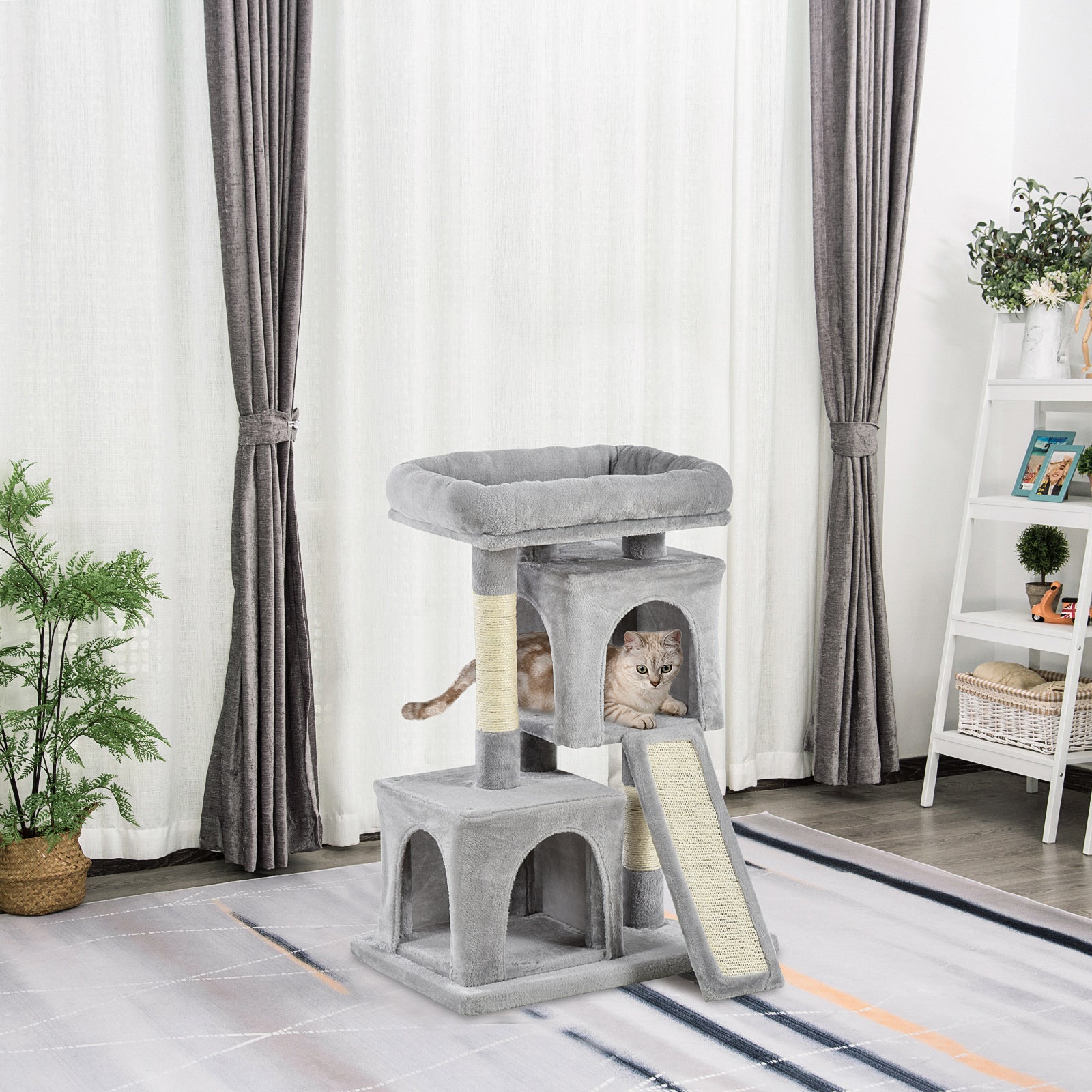 PawHut Plush Cat Tree Tower Activity Center with Sisal Scratching Post Scratching Board Perch Condo, Light Grey