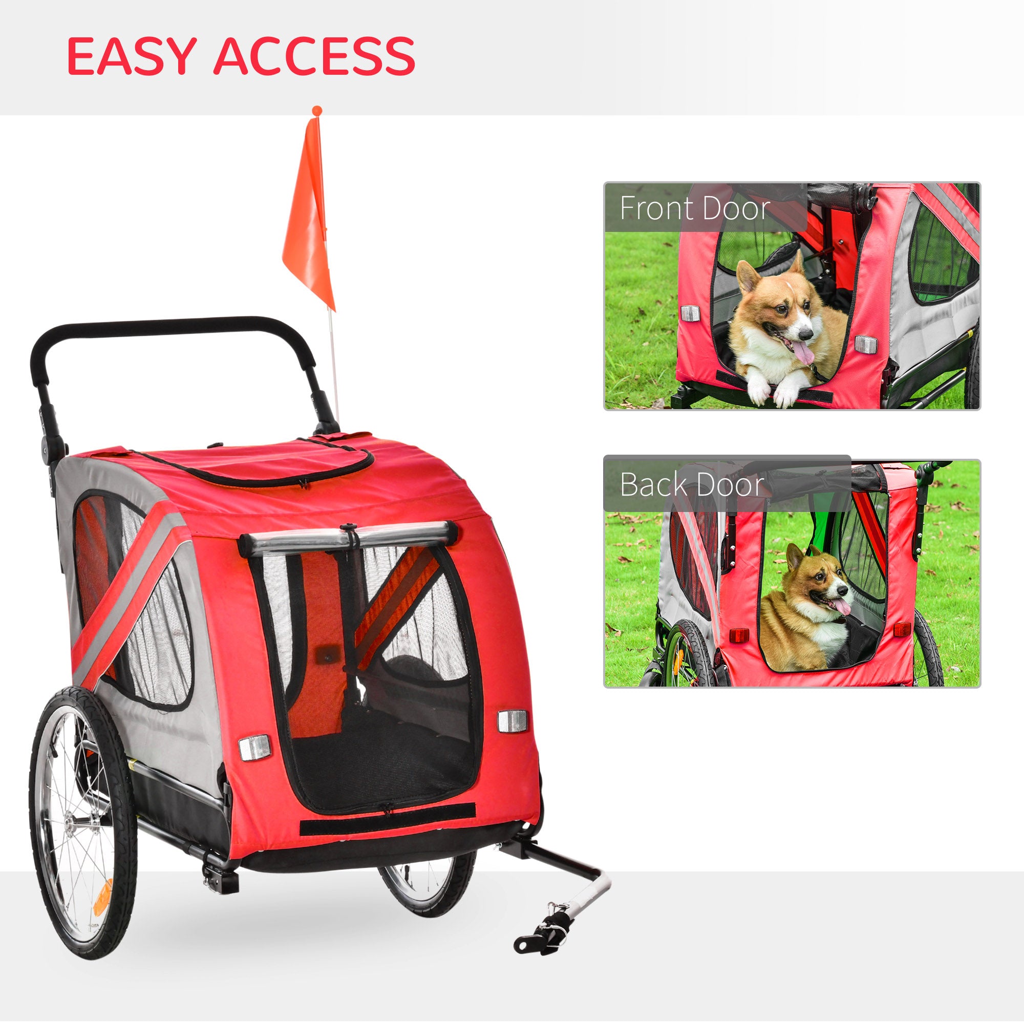 Aosom Dog Bike Trailer, 2-in-1 Dog Wagon Pet Stroller for Travel with Universal Wheel Reflectors Flag, for Small and Medium Dogs, Red