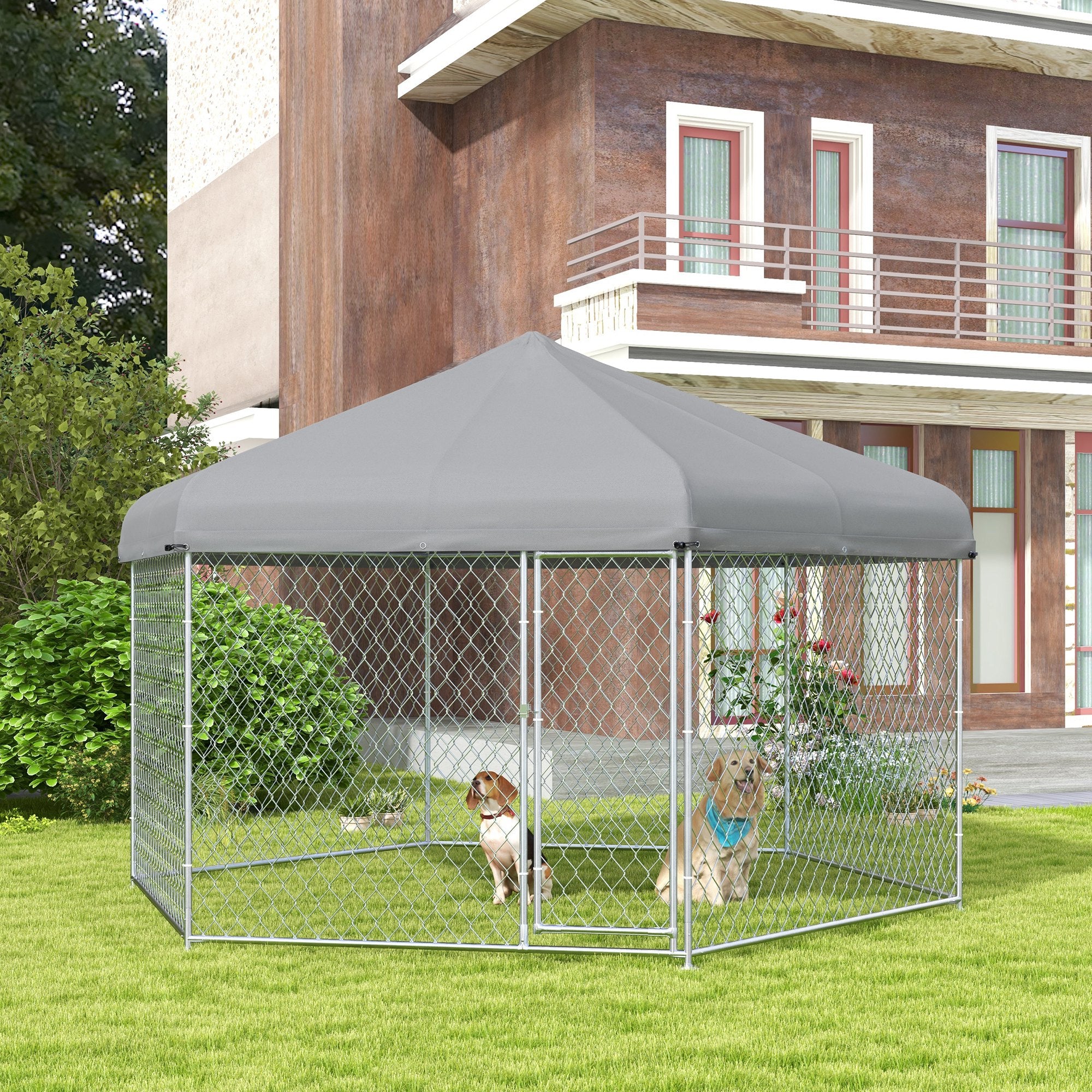 PawHut 13.4' x 11.5' x 8.8' Outdoor Dog Kennel Dog Run with Waterproof, UV Resistant Cover for Medium Large Sized Dogs, Silver