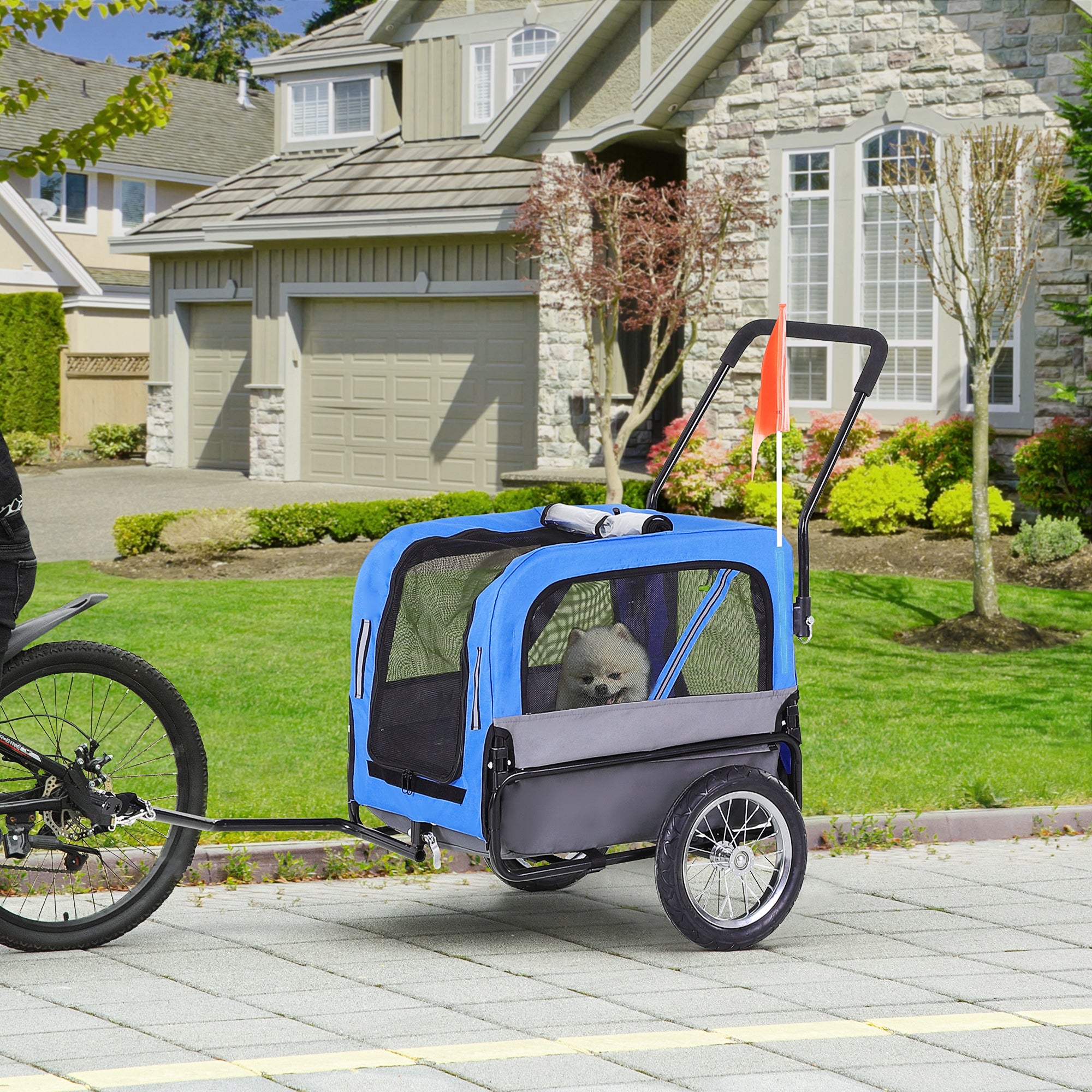 Aosom Dog Bike Trailer 2-In-1 Pet Stroller Cart Bicycle Wagon Cargo Carrier Attachment for Travel with 360 Swivel Wheel, Hitch, Suspension, Safety Flag, Blue