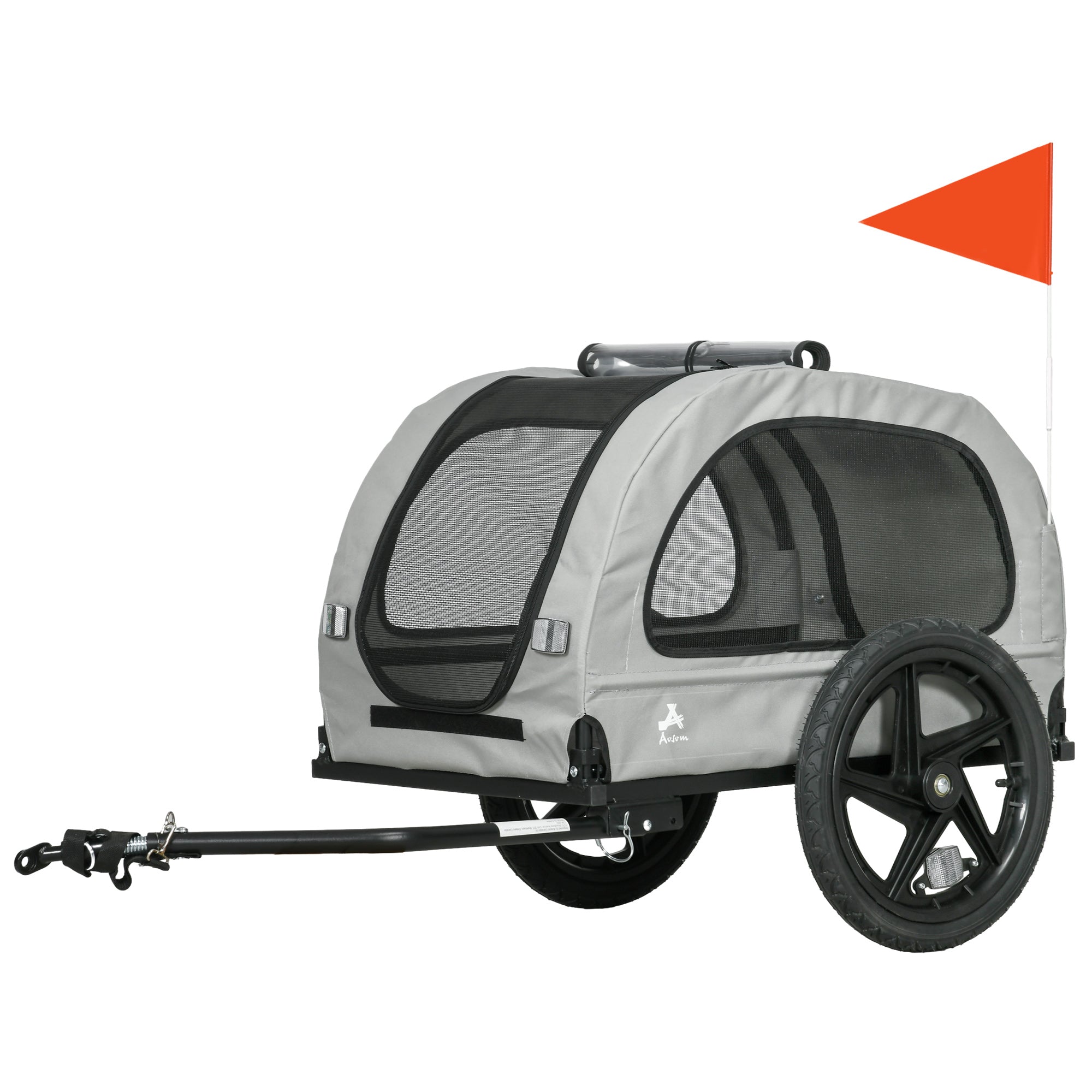 Aosom Dog Bike Trailer with Mesh Windows, Safety Leash, Safety Flag, Front/Rear Doors, for Medium Dogs Travel, Light Grey