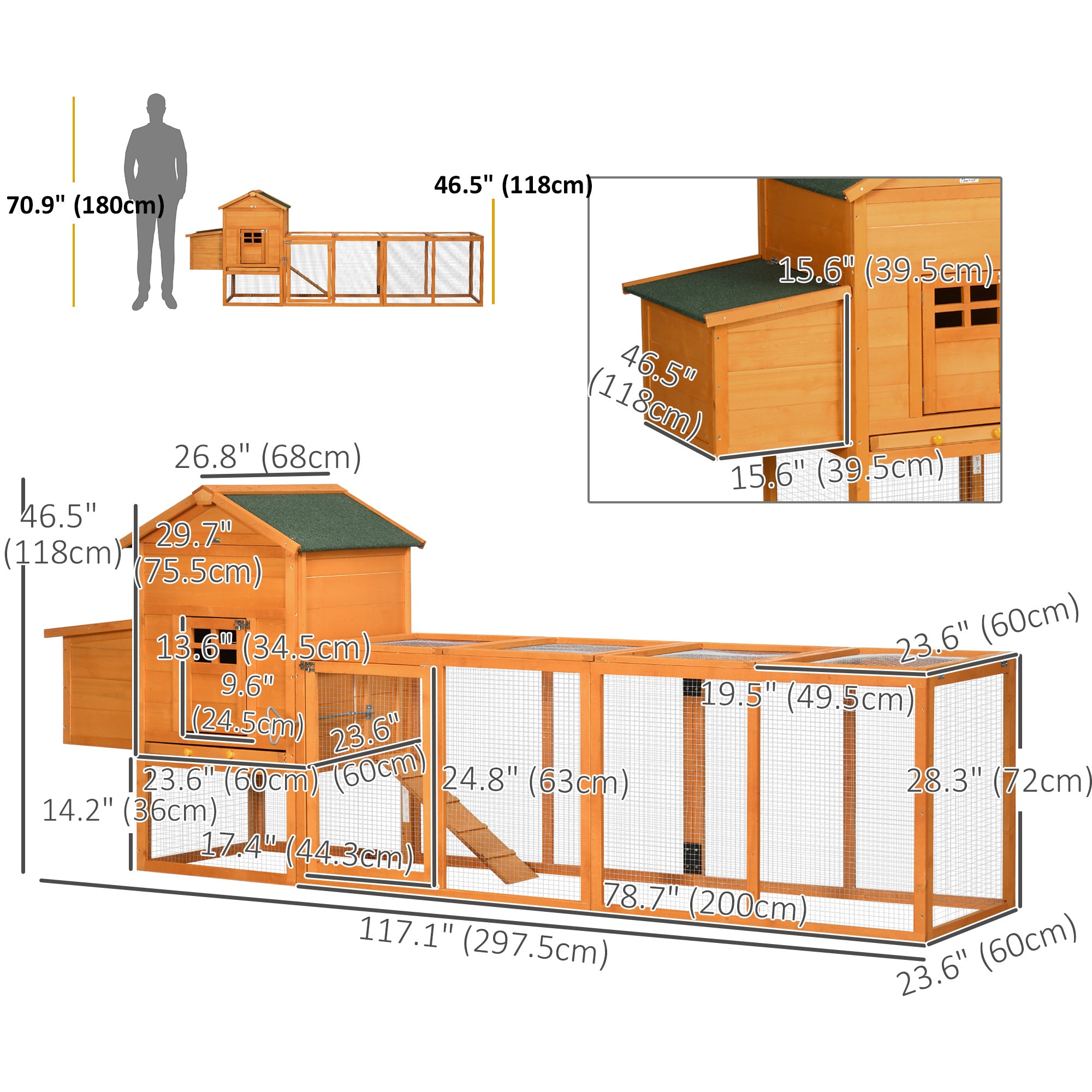 PawHut 117" Extra Large Chicken Coop with Asphalt Roof, Wooden Hen House with Slide-out Tray, Quail Hutch with Nesting Box, Orange