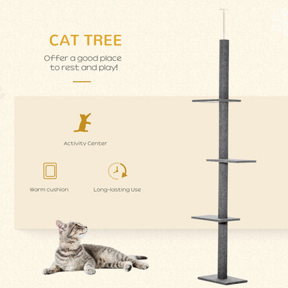 PawHut 100" Floor To Ceiling Cat Tree w/ 3 Perches Activity Center for Kittens Cat Tower Furniture, Grey