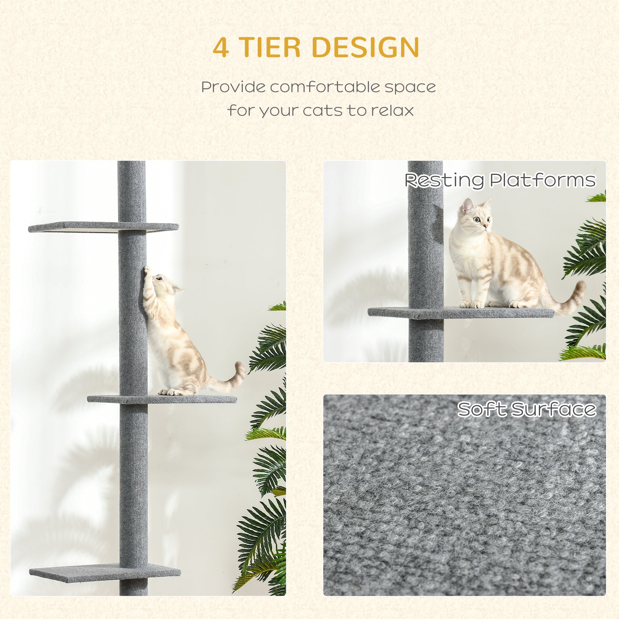 PawHut 100" Floor To Ceiling Cat Tree w/ 3 Perches Activity Center for Kittens Cat Tower Furniture, Grey