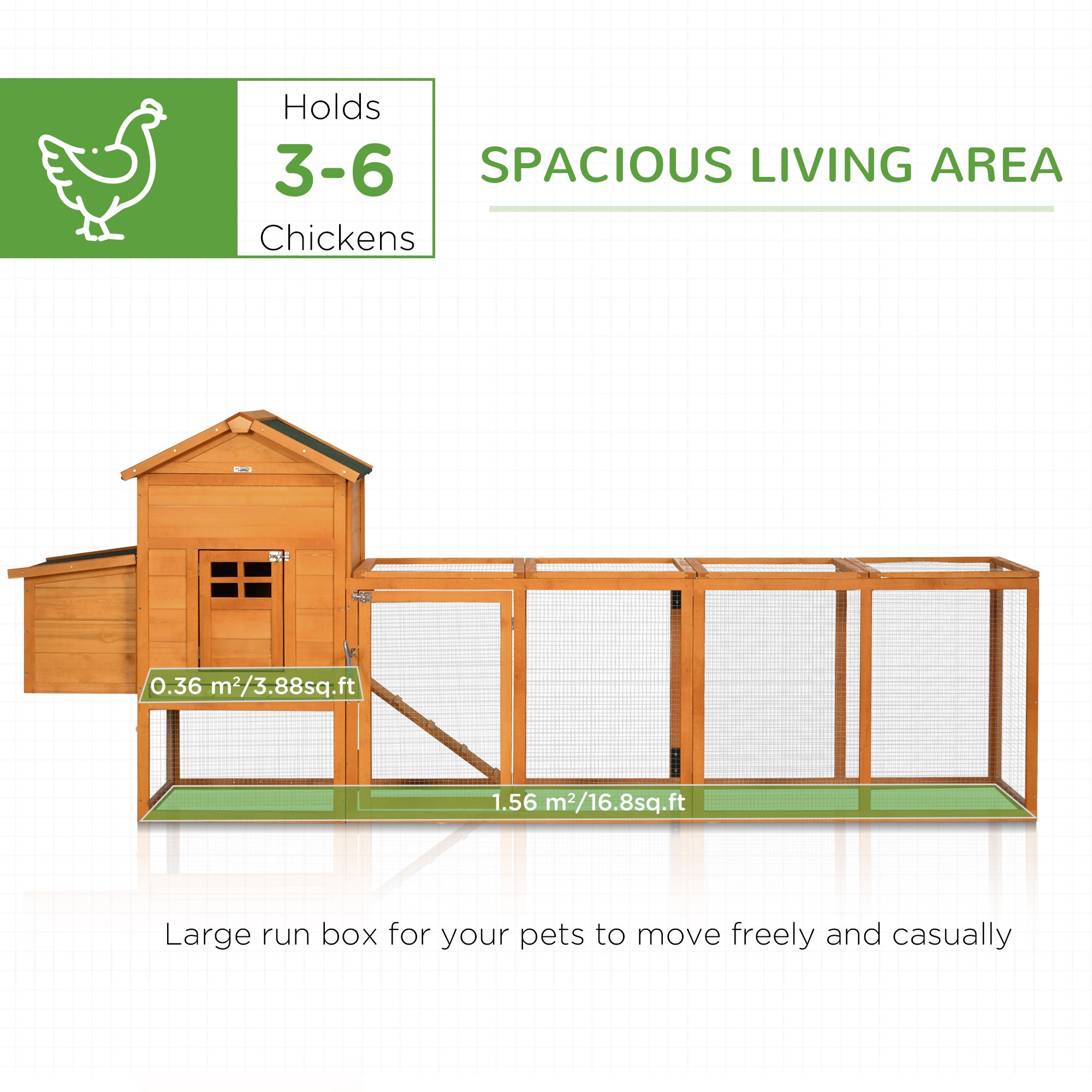 PawHut 117" Extra Large Chicken Coop with Asphalt Roof, Wooden Hen House with Slide-out Tray, Quail Hutch with Nesting Box, Orange