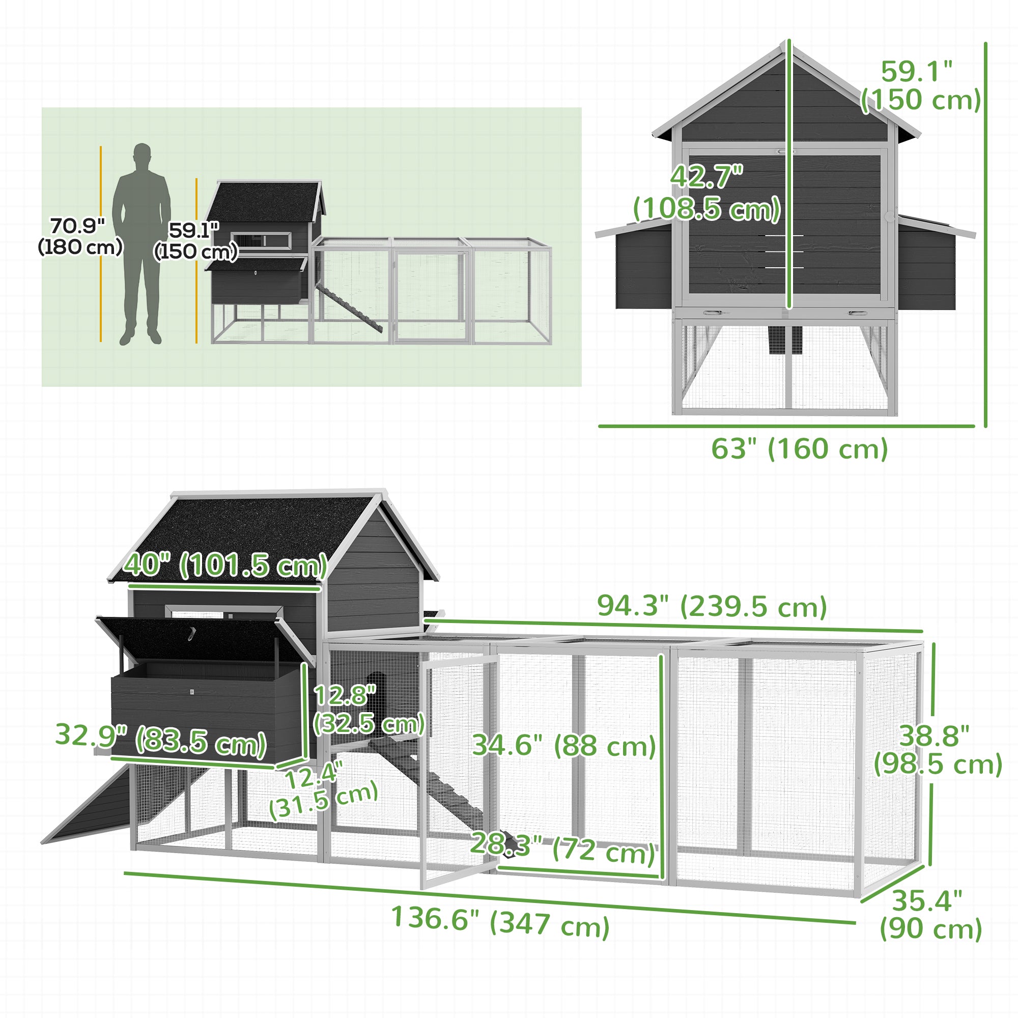 PawHut 137" Wooden Chicken Coop with Chicken Run, Nesting Box, Grey